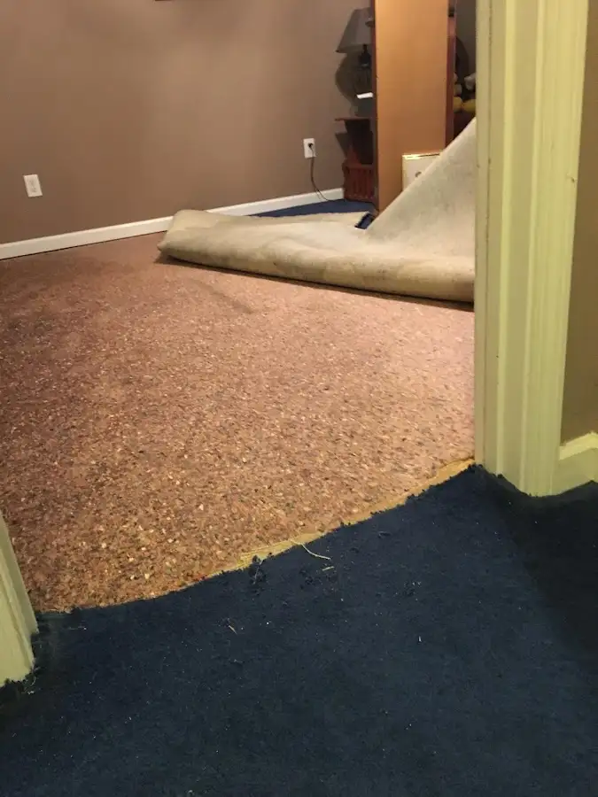 Carpet pad removal revealing water damage during Water Mitigation Services in Paducah